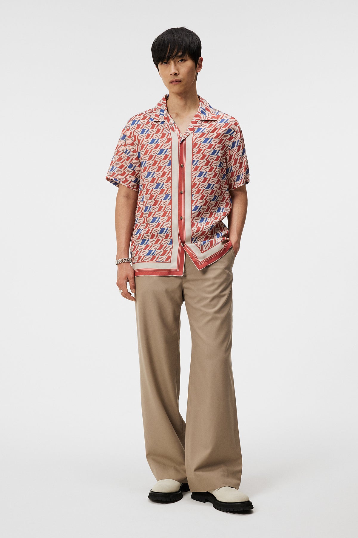 Elio Tencel Moto Print Shirt in Moto Monogram Border Cedar by J.Lindeberg