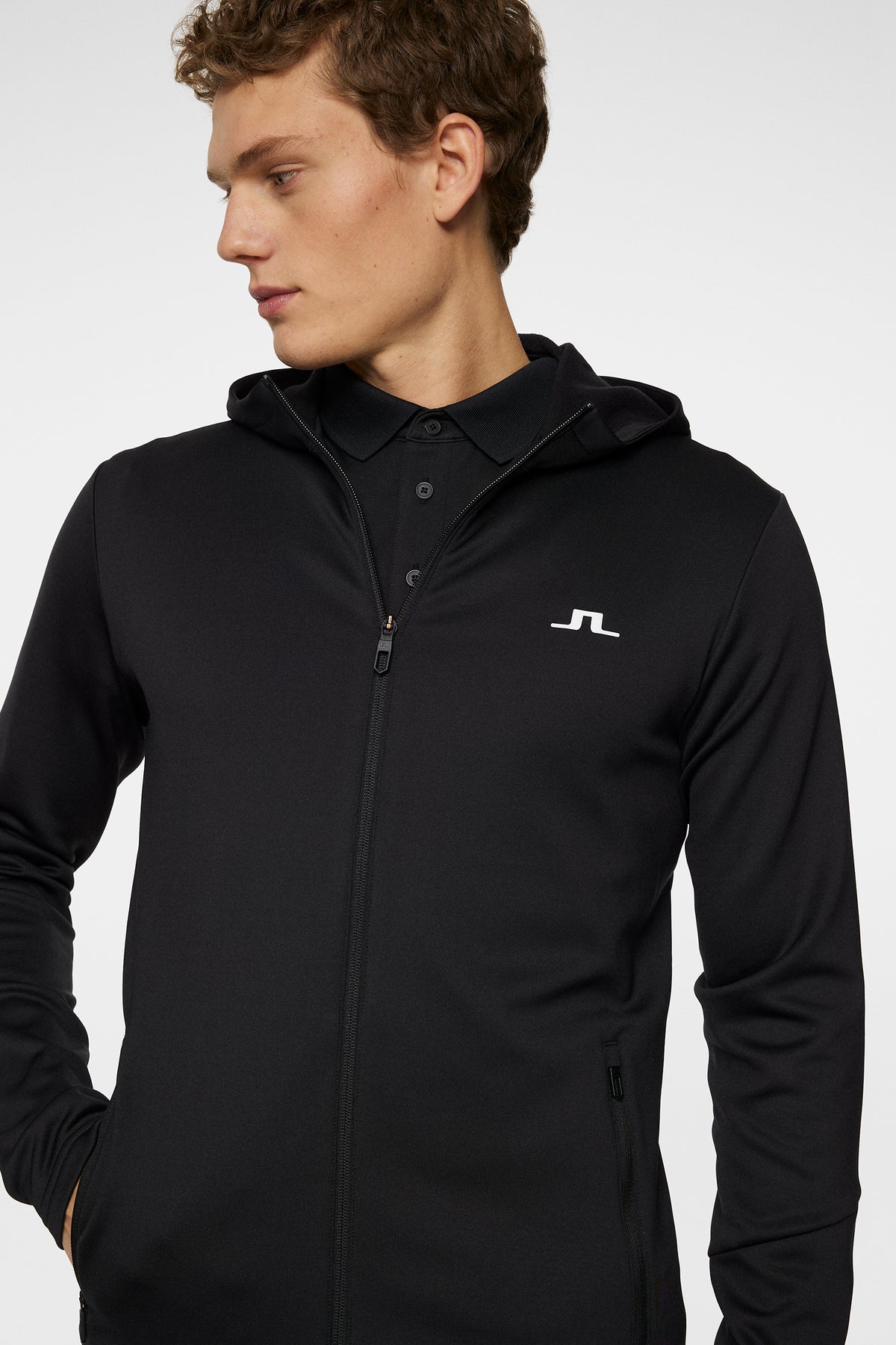 Aerial Full Zip Hood in Black by J.Lindeberg