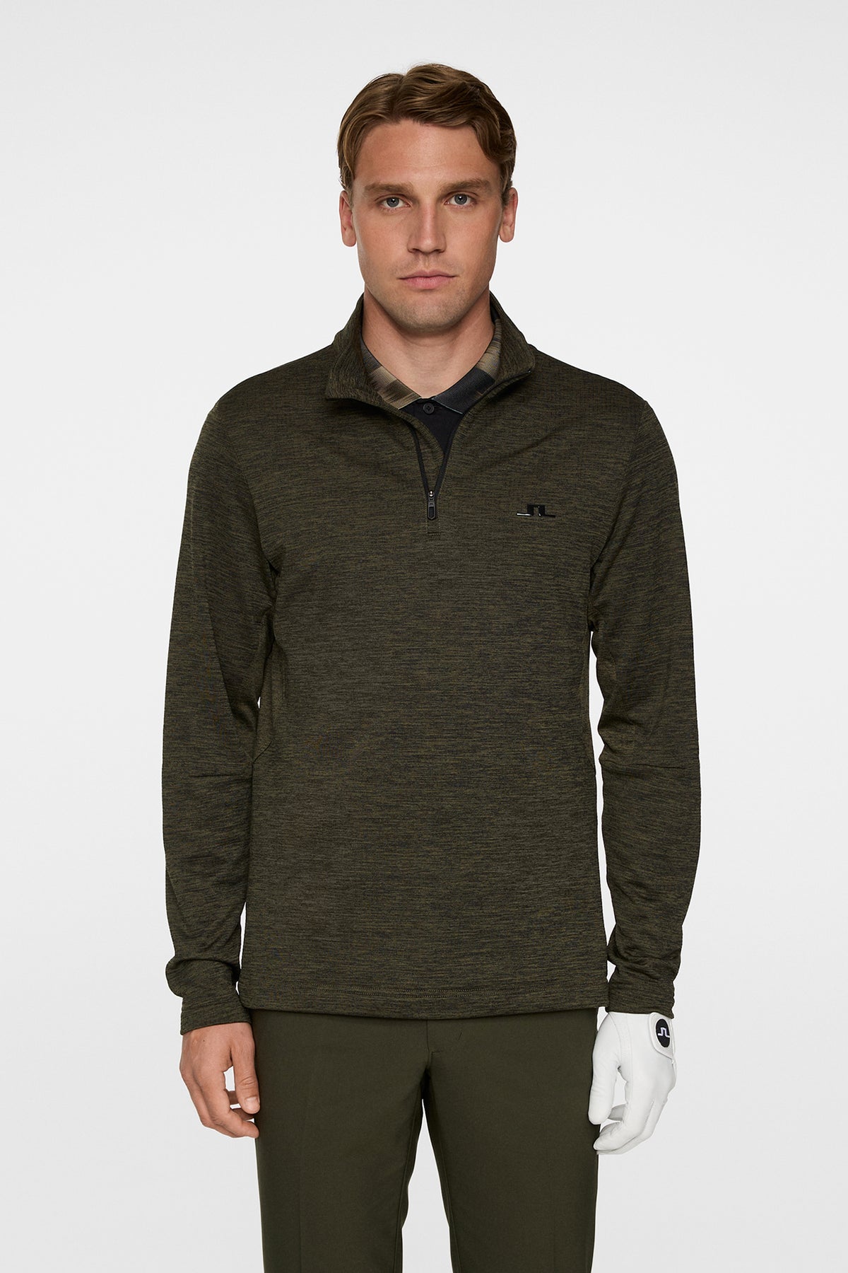Destry Quarter Zip Mid Layer in Black and Forest Green Melange by J.Lindeberg