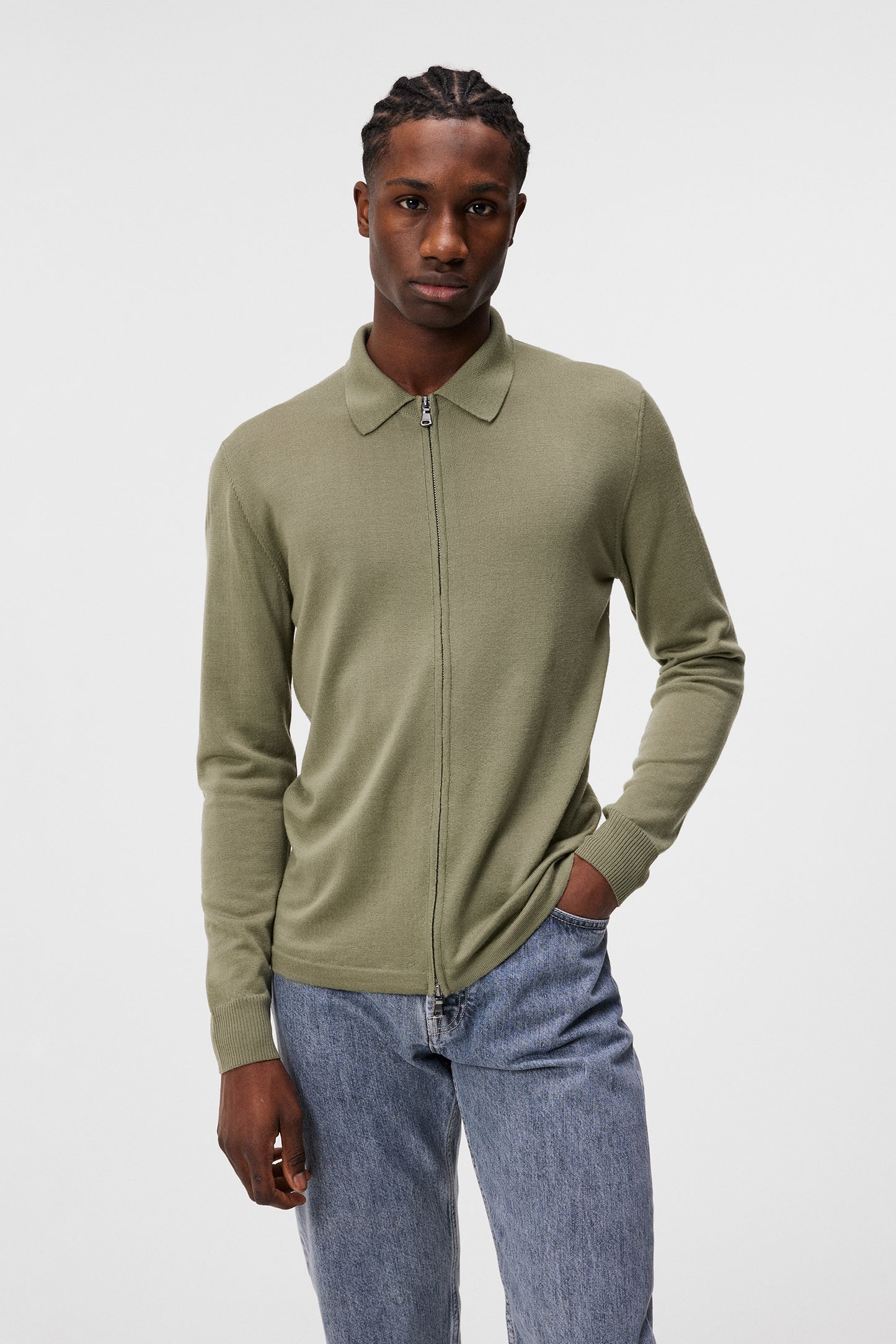 Nyle Light Merino Zip Cardigan in Oil Green by J.Lindeberg