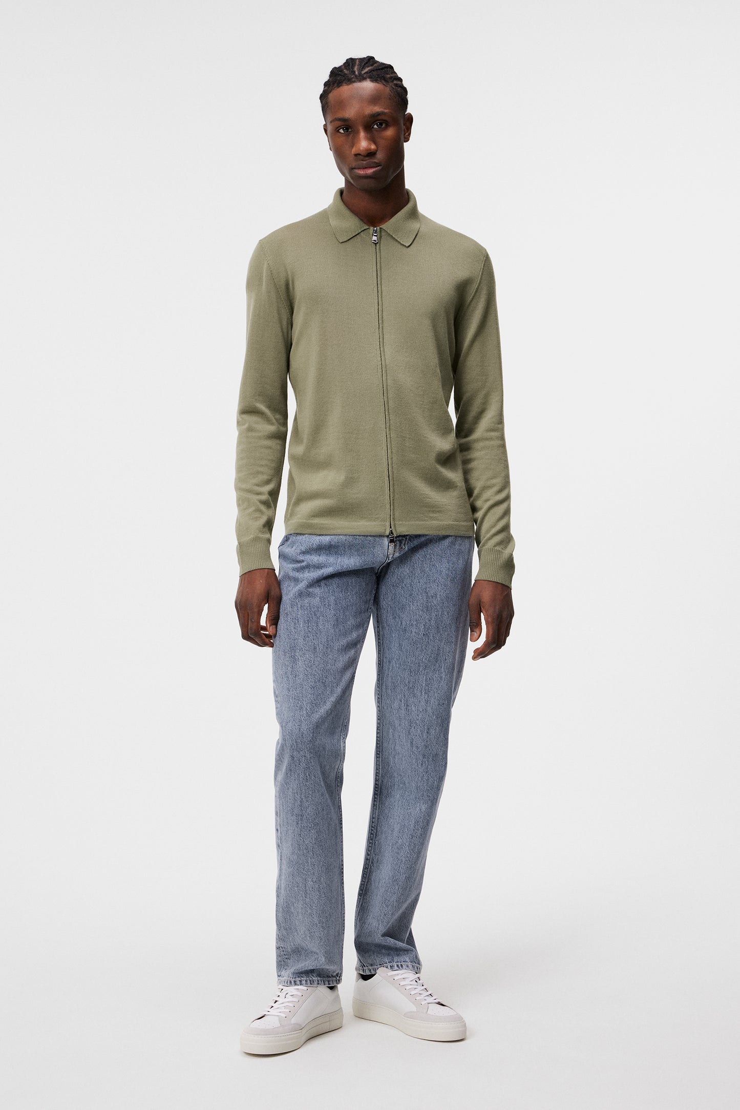Nyle Light Merino Zip Cardigan in Oil Green by J.Lindeberg