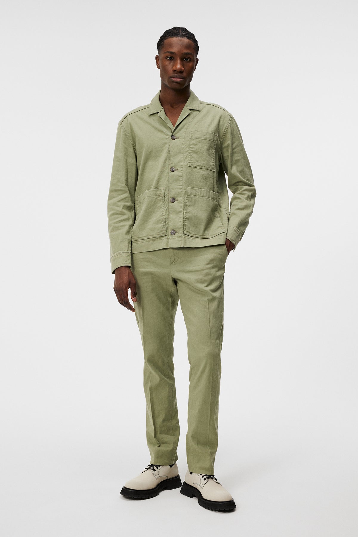 Errol Linen workwear overshirt in Oil Green by J.Lindeberg